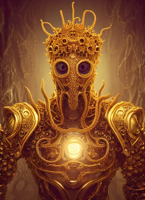 Image similar to a photo of 8 k ultra realistic angry corrupted lovecraftian royal golden humanoid queen at a board meeting, 8 intricate white and gold tentacles, face enhance, ornate white and gold armour, cinematic lighting, trending on artstation, 4 k, hyperrealistic, focused, extreme details, unreal engine 5, cinematic, masterpiece