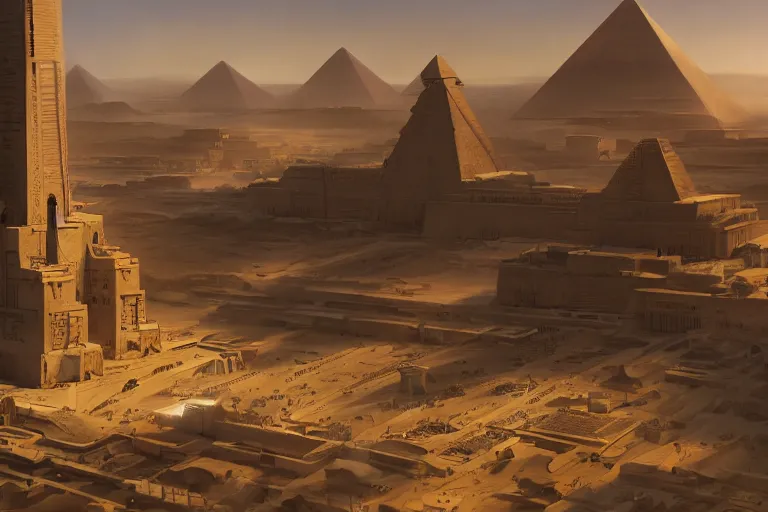 Image similar to futuristic oriental robotic egyptian city, matte painting, long shot, concept art, wide shot, digital art, trending on artstation, 4 k, extremely detailed, realistic, midday, warm colors, golden sunlight, by greg rutkowski, cinematic, epic