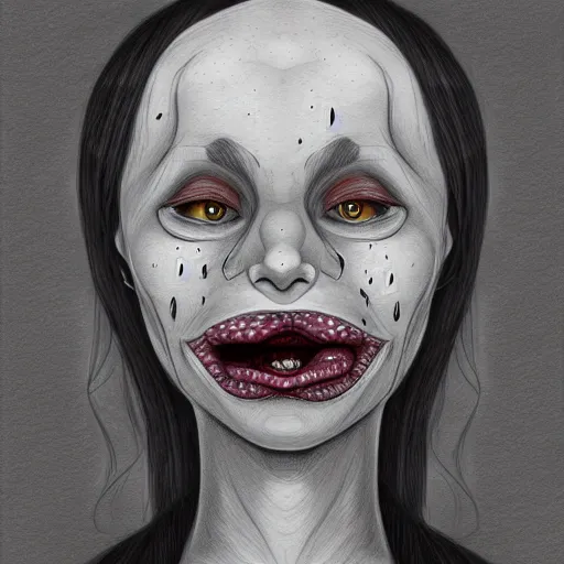 Image similar to a drawing of a woman with a creepy face, a sinister demonic mouth opening from forehead, a character portrait by lois van baarle, trending on deviantart, pop surrealism, grotesque, trypophobia, cosmic horror