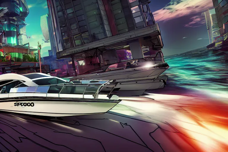 Prompt: speedboat, Shadow 900 Cabin going full speed in front of shoreline city in anime cyberpunk style