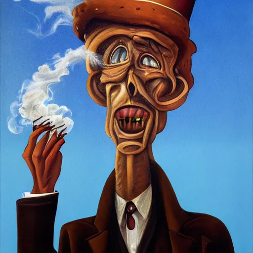 Image similar to a surreal painting of a man with a chimney in his head and smoke coming out