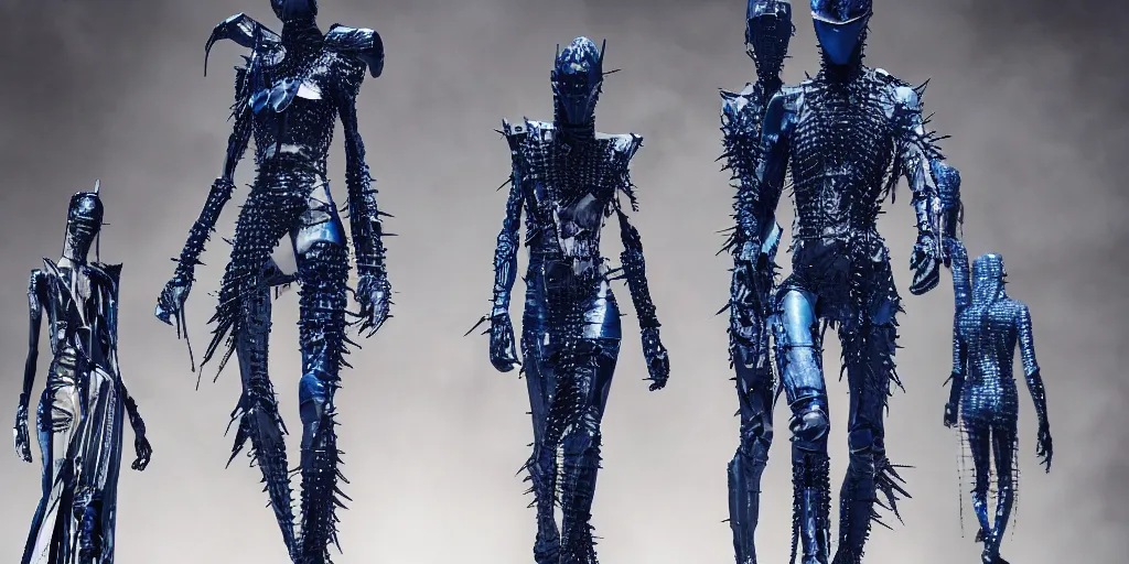 Image similar to blue human with rick owens iron spikes mcfarlane figure with an emoji head in 3d is jumping in a runway fashion show, realistic photography paparazzi by Nick Knight and Luis Royo