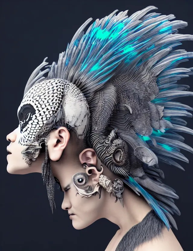 Image similar to 3 d goddess close - up profile portrait punk with mohawk with ram skull. beautiful intricately detailed japanese crow kitsune mask and clasical japanese kimono. betta fish, jellyfish phoenix, bio luminescent, plasma, ice, water, wind, creature, artwork by tooth wu and wlop and beeple and greg rutkowski