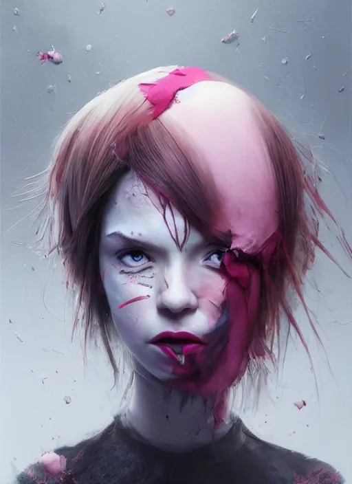 Image similar to portrait of sinister girl with pouty aerochrome lips, bodachs, unforgivable, cute bandaid on nose!!, expressive eyes, full body, deathly skin, greg rutkowski, charlie bowater, yuumei, stephen gammell, unreal 5, daz, hyperrealistic, octane render, rpg portrait, dynamic lighting, fantasy art, beautiful face