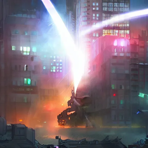 Image similar to enormous mech dragon firing a laserbeam at the center of a big city, cinematic, concept art, digital painting