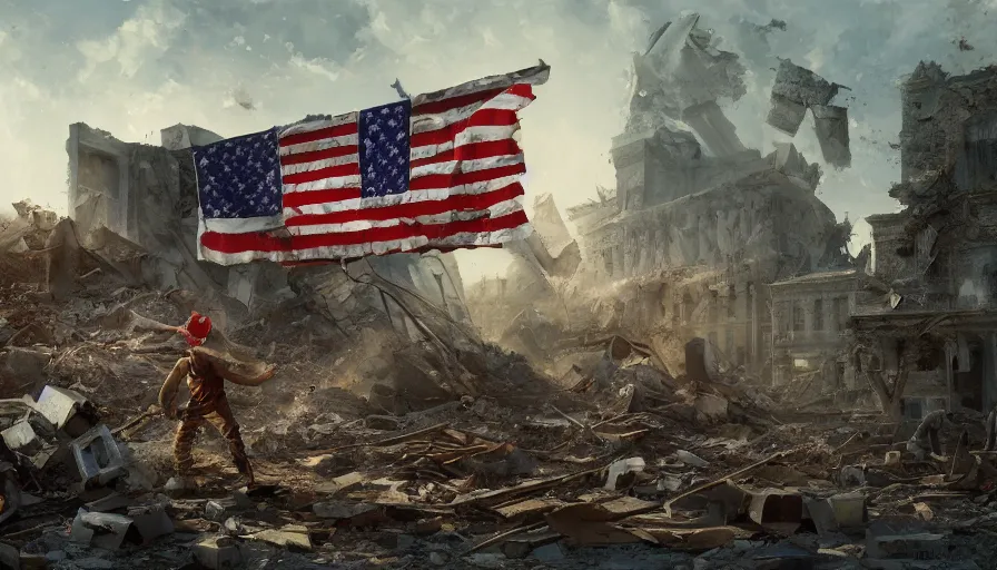 Image similar to destroyed washingon dc, man planting the torn dirty american flag on the ruins of a building, debris, hyperdetailed, artstation, cgsociety, 8 k