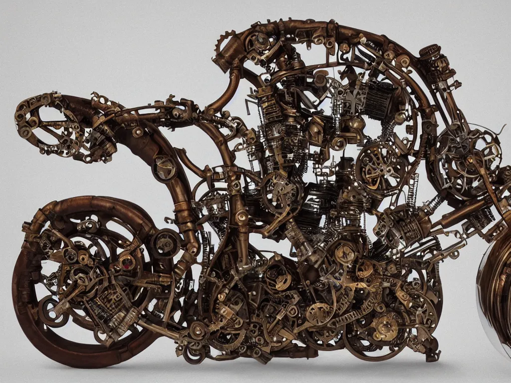 Prompt: a steampunk superbike with intricate engine mechanical parts, product photography,