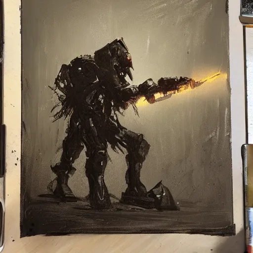 Prompt: hunt showdown mech boss in dark lair painting