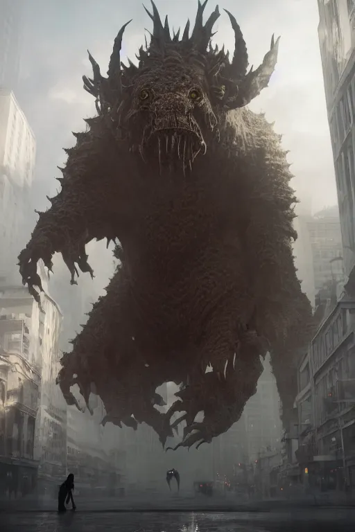 Image similar to a beautiful portrait of a giant michanical beast walking through the city by Greg Rutkowski, Sung Choi, Mitchell Mohrhauser, Maciej Kuciara, Johnson Ting, Maxim Verehin, Peter Konig, final fantasy, Marco lense , 8k photorealistic, cinematic lighting, HD, high details, atmospheric , trending on artstation