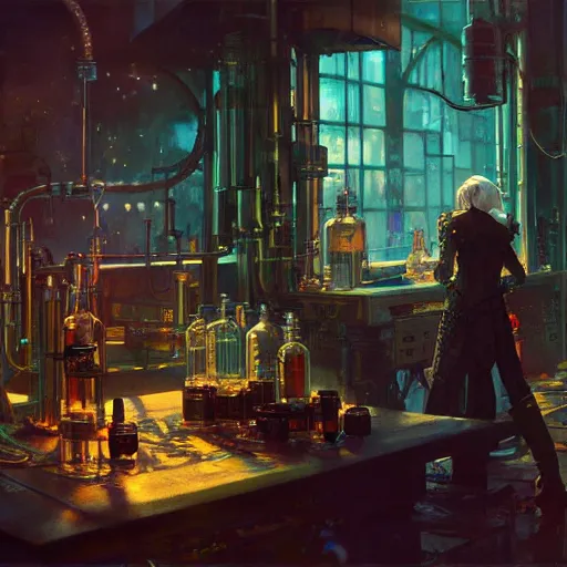 Image similar to cyberpunk alchemy laboratory full of potions, ciri from the witcher it's in the lab. by jeremy mann and alphonse mucha, photo realistic, dynamic lighting, artstation, poster, volumetric lighting, highly detailed faces, 4 k, award winning