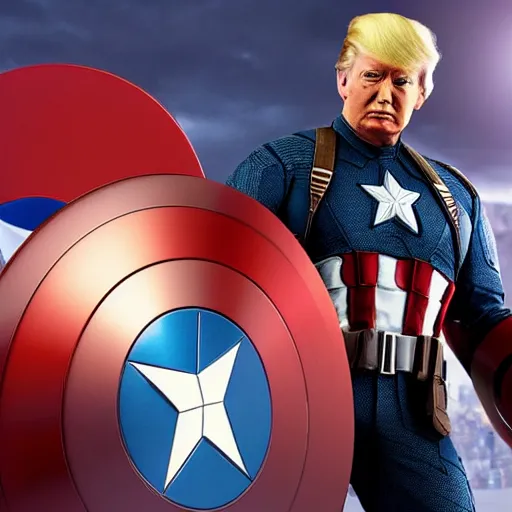 Prompt: Donald trump with captain America’s body, realistic artstyle, wide shot, dramatic lighting, octane render, hyperrealistic, high quality, highly detailed, HD, beautiful, cinematic, 8k, unreal engine, facial accuracy, symmetrical