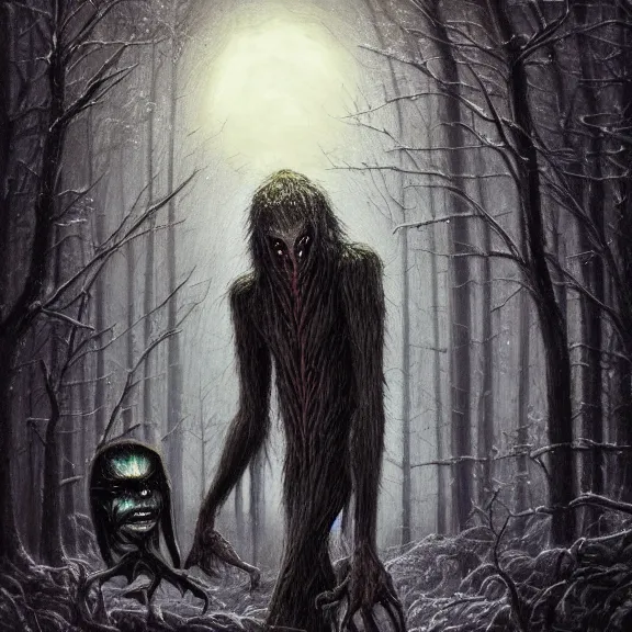 Image similar to cloaked humanoid wendigo feasting on a dear, nighttime located in a snowy dark forest, lurking horror, distant shot, dungeons and dragons, magic the gathering, forboding, high detail, oil painting, style of seb mckinnon