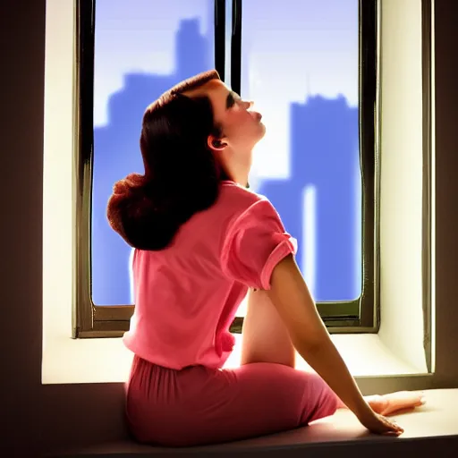 Image similar to portrait of a beautiful girl with dark hair that's styled in a 1940's fashion, dressed in a white t-shirt, sitting in an apartment alone by a window that overlooks a futuristic city, nighttime, mood lighting, ambient lighting, dynamic lighting, low-key neon lighting, 4k, HQ, official media, anime key visual, makoto shinkai, ilya kuvshinov, lois van baarle, rossdraws, detailed, trending on artstation