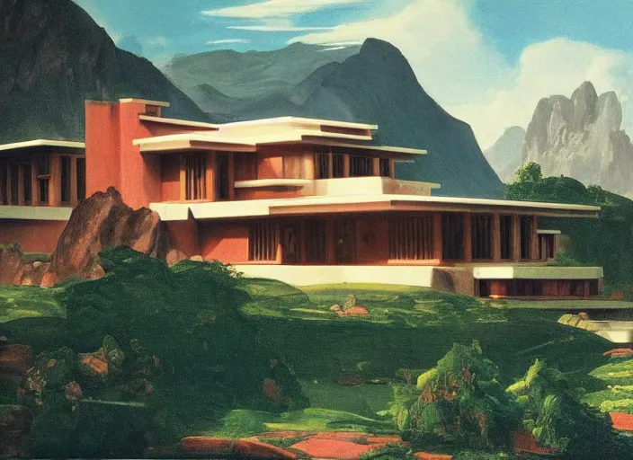 Image similar to painting of a frank lloyd wright house in front of beautiful mountains by thomas cole