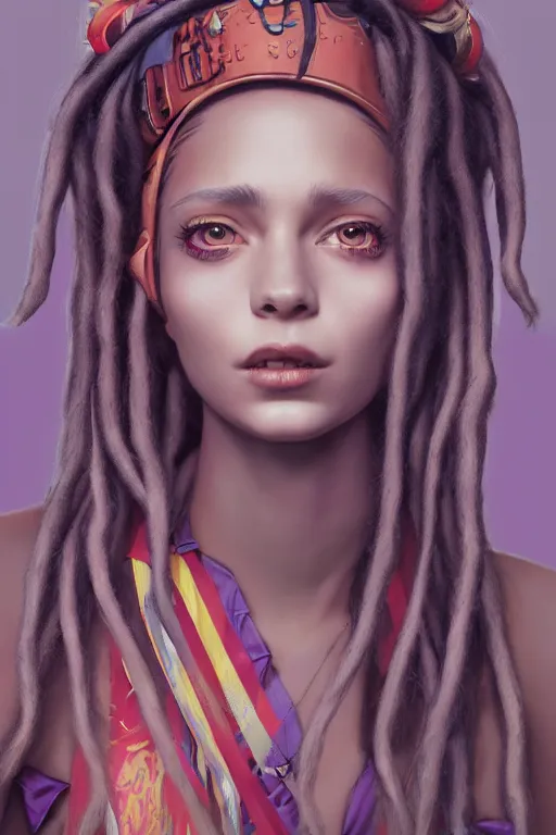 Prompt: vaporwave, hippie girl with dreads, straight on, by artgerm, jamie hewlett, tom bagshaw, gerald brom, 4 k, smooth, hd, substance designer render, full body character concept art,