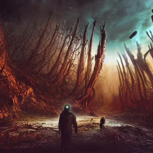 Image similar to future city covered by forest creature, doom of the gods, monster, gravity mess, star trek, glory war, photograph, cinematic matte painting, photo realism, desolate glacial landscape