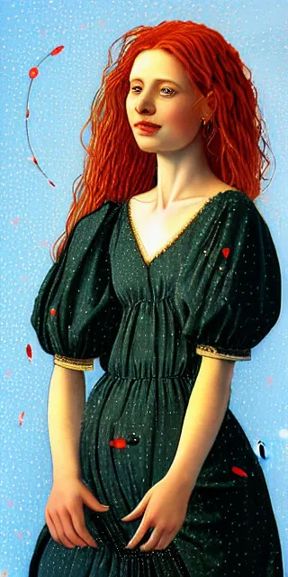 Image similar to infp young woman, smiling amazed, golden fireflies lights, full covering intricate detailed dress, amidst nature, long red hair, precise linework, accurate green eyes, small nose with freckles, oval shape face, realistic, expressive emotions, dramatic lights, hyper realistic ultrafine art by artemisia gentileschi, caravaggio, jessica rossier, boris vallejo