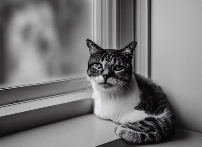 Image similar to photography of a Cat . watching outside the window. on a bed. in a 70's room full of vinyls and posters, photorealistic, award winning photo, 100mm, sharp, high res