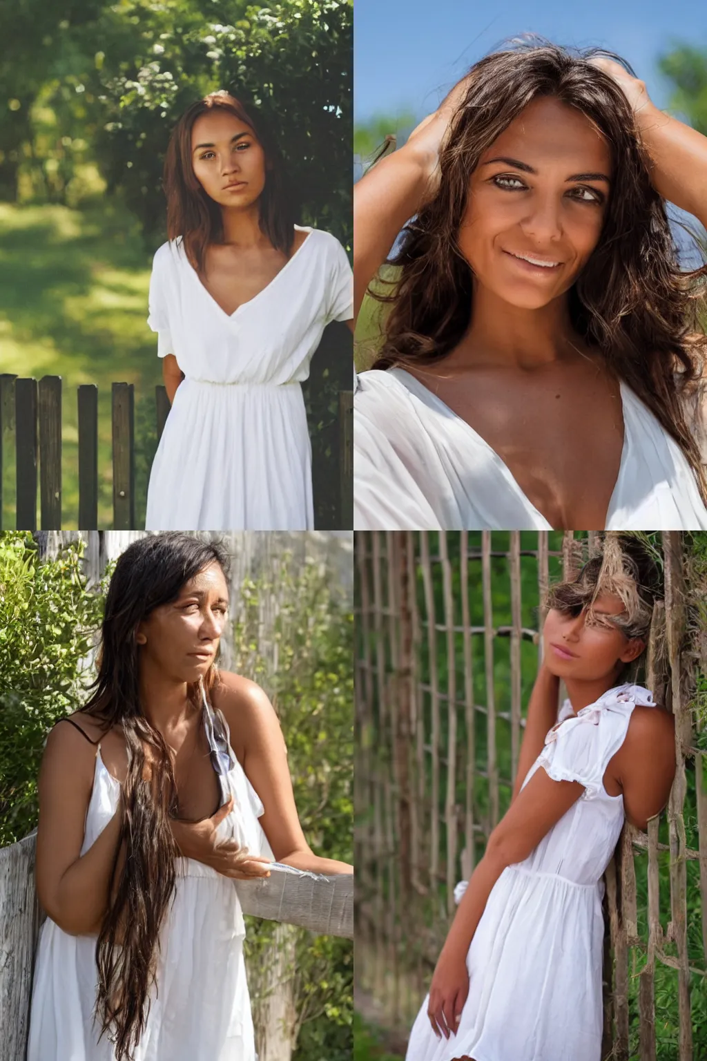 Prompt: a tanned woman in a white summer dress, looking at camera, brown eyes by a fence