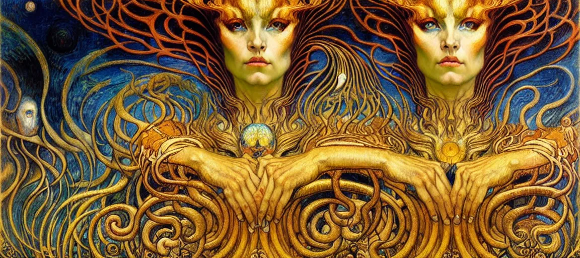 Image similar to Divine Chaos Engine by Karol Bak, Jean Delville, William Blake, Gustav Klimt, and Vincent Van Gogh, symbolist, visionary