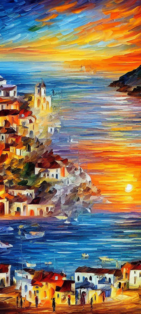 Prompt: beautiful seaside greek village at sunset in the style of leonid afremov