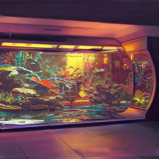 Image similar to painting of syd mead artlilery scifi fish tank with ornate metal work lands on a sidewalk,, volumetric lights, syd mead