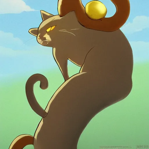 Prompt: golden cat with a black spot on her trunk, an old house with a window over a hill, blue sky, trending on artstation, trending on deviantart, by studio ghibli