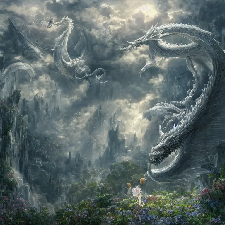 Image similar to the beautiful hyper detailed scene render that a lonely beautiful girl lies in the arms of a huge silver white dragon alone in fairyland surrounded by white clouds, finely detailed angelic face delicate, style of studio ghibli, makoto shinkai, raphael lacoste, louis comfort tiffany, artgerm, james jean, ross tran, animation style, hd, ultra wide angle