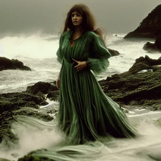 Image similar to dark and moody 1 9 7 0's artistic spaghetti western film in color, a woman in a giant billowy wide long flowing waving green dress, standing inside a green mossy irish rocky scenic landscape, crashing waves and sea foam, volumetric lighting, backlit, moody, atmospheric, fog, extremely windy, soft focus