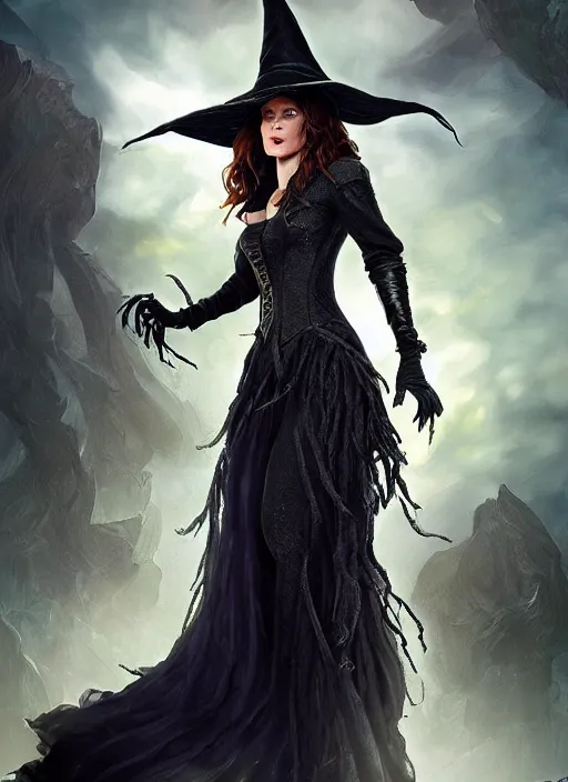 Image similar to beautiful female wicked witch, kate beckinsale as the wicked witch of the west, full body character concept, armor, super powers, fantasy, intricate, elegant, highly detailed, digital painting, artstation, concept art, shining, sharp focus, illustration, art by stanley lau