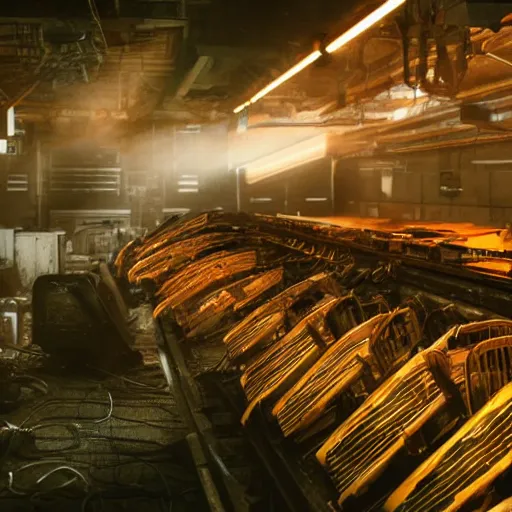 Image similar to rows of toaster oven mecha heads on conveyor belt, dark messy smoke - filled cluttered workshop, dark, dramatic lighting, orange tint, sparks, cinematic, highly detailed, sci - fi, futuristic, movie still