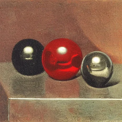 Prompt: chrome spheres on a red cube by annibale carracci