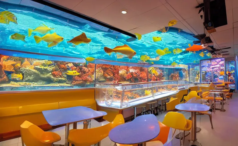 Prompt: inside a fastfood fish restaurant, fluorescent light, bright, atlantis theme, a big aquarium at the wall