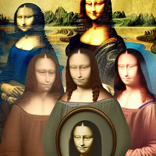 Prompt: several mona lisa’s playing among us