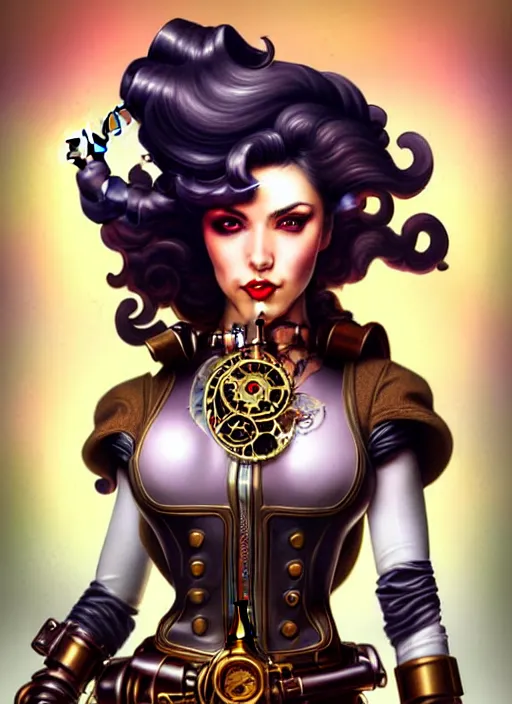 Prompt: front portrait of attractive Lady Mechanika with wavy hair using white gloves and retro guns, Intricate steampunk imagery , D&D!, fantasy style, sharp focus!, ultra detailed, art by Artgerm and Peter Andrew Jones, WLUP