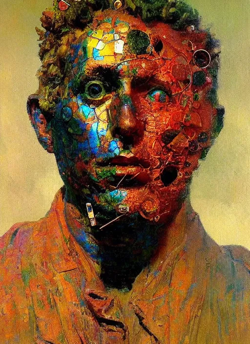 Image similar to a sculpture portrait made of material and electronic and molecules and atoms, painting part by wojciech siudmak, part by ilya repin, part by max ernst, part by norman rockwell, artstation