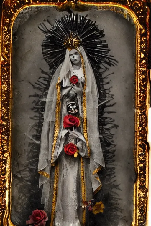 Image similar to tintype full body view, virgin mary in dia de muertos dress and make up, horrific beautiful vibe, evocative, atmospheric lighting, painted, intricate, highly detailed,