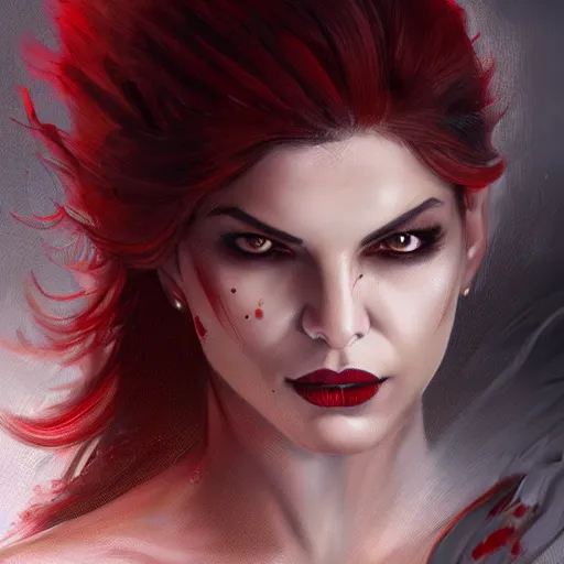 Image similar to portrait of jacqueline fernandez upper body in bloody business suit, blood red eyes, vampire fangs, fantasy, intricate, elegant, highly detailed, digital painting, artstation, concept art, matte, sharp focus, illustration, art by aenaluck and roberto ferri and greg rutkowski, epic fantasy, digital painting