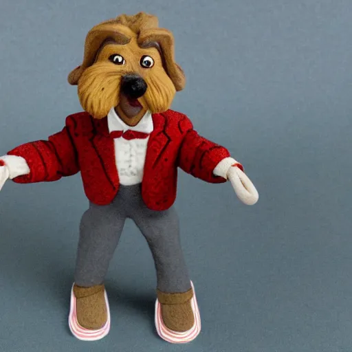 Prompt: wheaten terrier claymation detailed colorful laika Wes Anderson