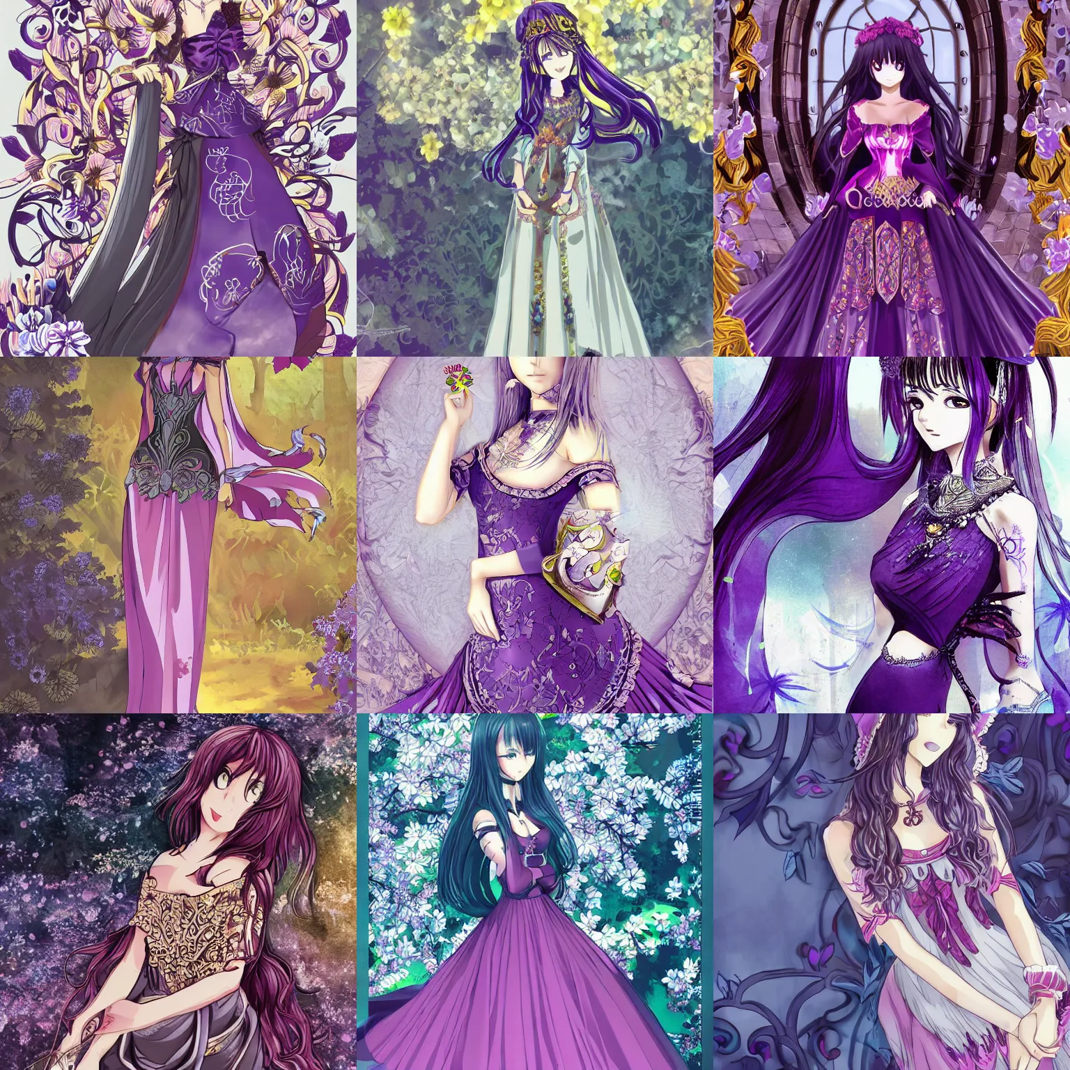 Prompt: anime illustration, pretty young woman wearing an ornate purple dress, digital art