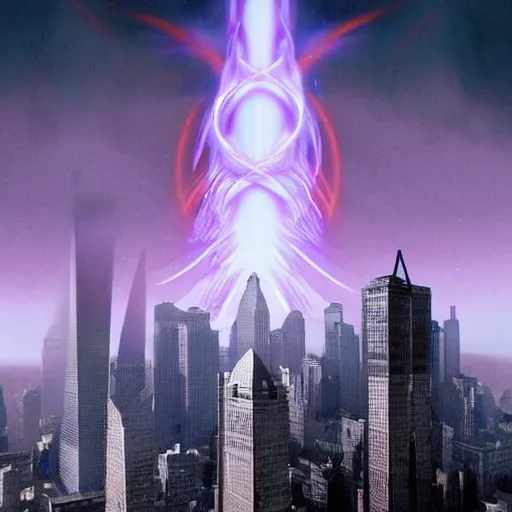 Image similar to red-hooded magicians casting purple colored spells at 911 WTC Twin Towers, white glowing souls flying out of the towers into cosmic black hole sky, beautiful hyper realistic in the style of The Lord of the Rings