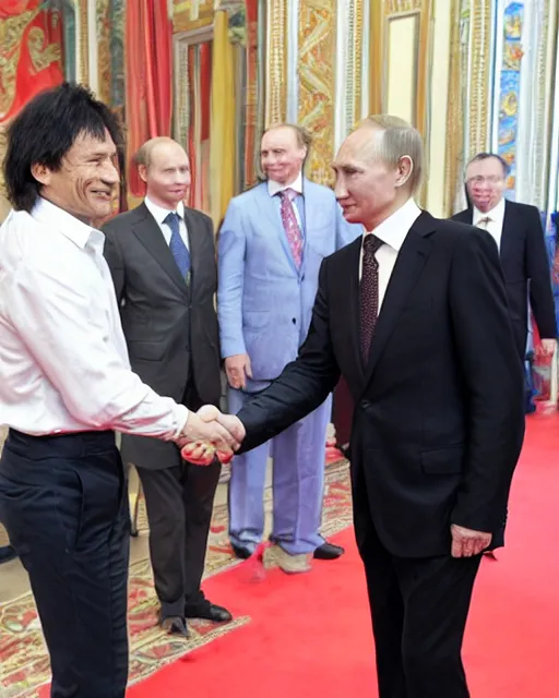 Prompt: sixty years old viktor tsoi in a business suit shaking hands with vladimir putin, joyful look, kremlin russia, color photo, in the style of documentary journalism, mid shot photo, digital photo