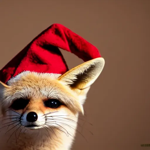 Prompt: a close up, studio colour photograph of a fennec fox wearing a santa hat, dramatic backlighting at golden hour, 4k