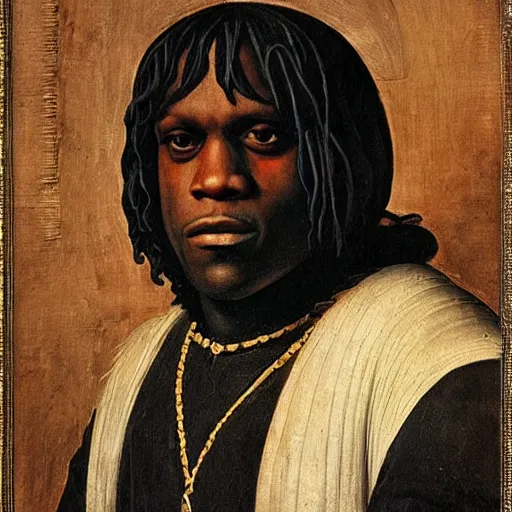 Prompt: a renaissance portrait painting of chief keef by giovanni bellini painting on a building in downtown chicago