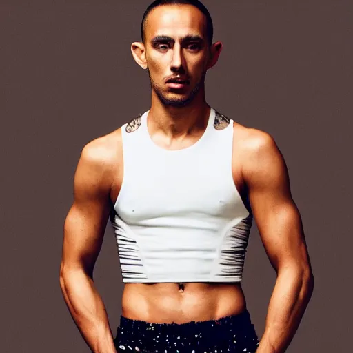 Prompt: a slim athletic beautiful latin male wearing a iris van herpen crop top, photographed by michelangelo for vogue magazine