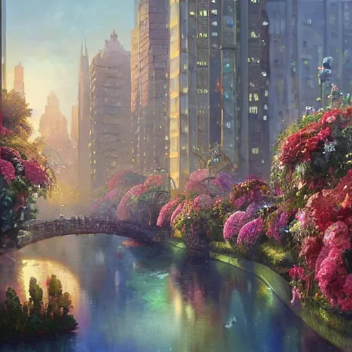 Image similar to a painting of an art - deco cityscape surrounded by flowers, a watercolor and matte painting by mark keathley and mandy jurgens and charlie bowater, cgsociety, artdeco, utopia art, sci - fi, artstation hq