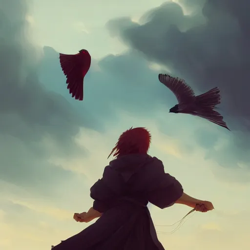 Image similar to milano bird, milvus milvus, kite, flying in avila mountains, 4 k, concept art, by wlop, ilya kuvshinov, artgerm, krenz cushart, greg rutkowski, pixiv. cinematic dramatic atmosphere, sharp focus, volumetric lighting, cinematic lighting, studio quality