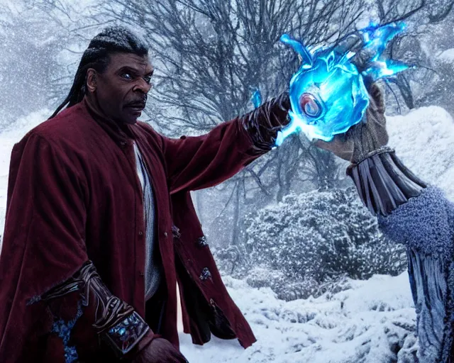 Prompt: keith david as a powerful ice mage casting a snow spell, fantasy art, extremely detailed, high quality, award - winning,