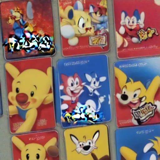 Image similar to photograph of winnie the pooh and super mario and sonic the hedgehog anime style, on pokemon card packs at target