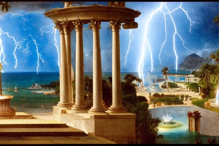 Image similar to mediterranean balustrade and columns, refracted lightnings on the ocean, thunderstorm, fountain, greek pool, beach and Tropical vegetation on the background major arcana sky and occult symbols, by paul delaroche, hyperrealistic 4k uhd, award-winning, very detailed paradise